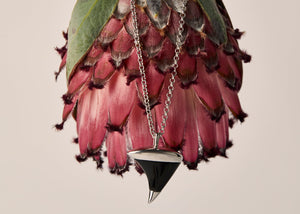 silver thorn pendant with black onyx on a silver belcher chain hanging from a pink flower.