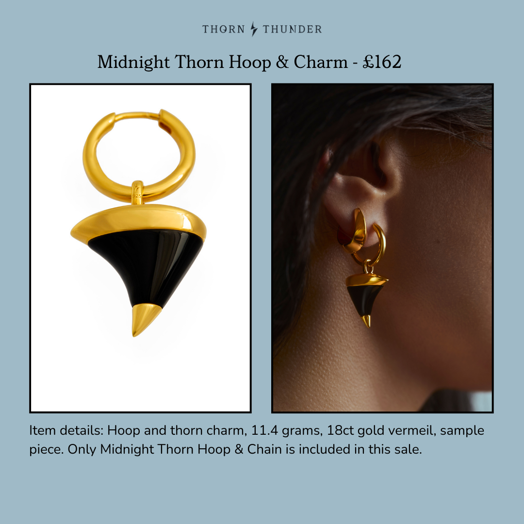 Wild Thorn Hoop and Charm on whie cut out and model ear.