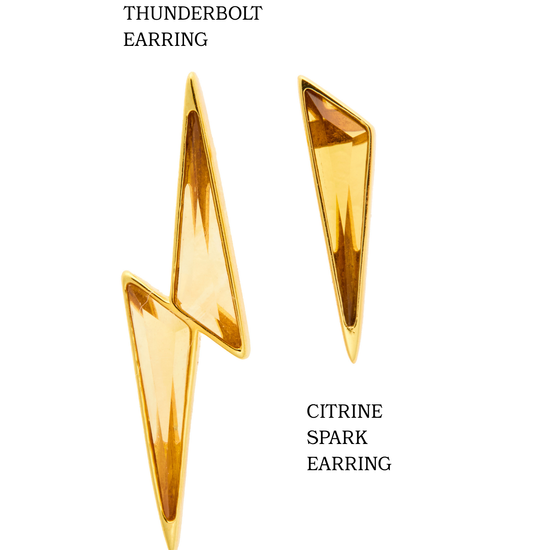 Gold earrings shaped like lightning bolts on a white background
