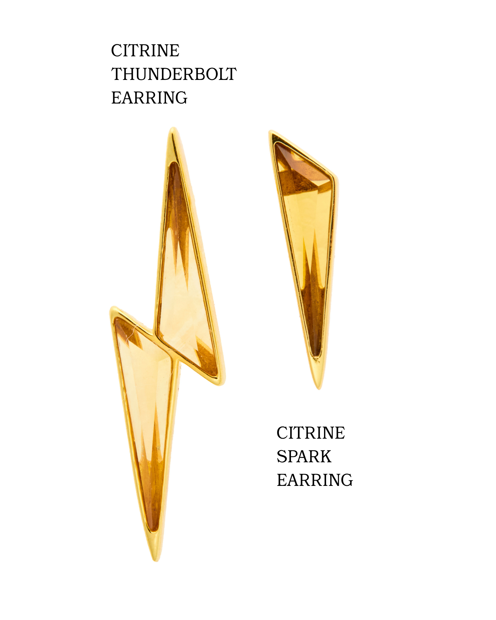 Gold earrings shaped like lightning bolts on a white background