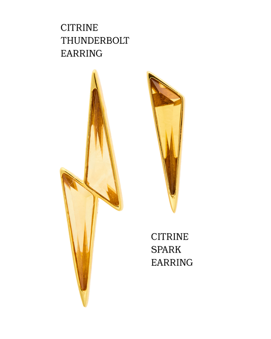 Gold earrings shaped like lightning bolts on a white background
