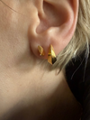 Close-up of a person wearing gold stud earrings.