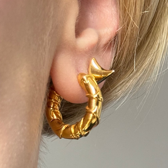 Close-up of a person wearing gold hoop earrings with a blurred background