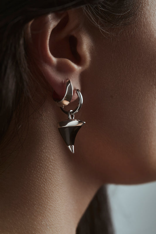 MIDNIGHT THORN HUGGIE WITH CHARM - Small Rhodium Silver Black Onyx Earring
