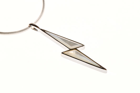 MOTHER OF PEARL LIGHTNING BOLT PENDANT – Rhodium-plated Silver Necklace