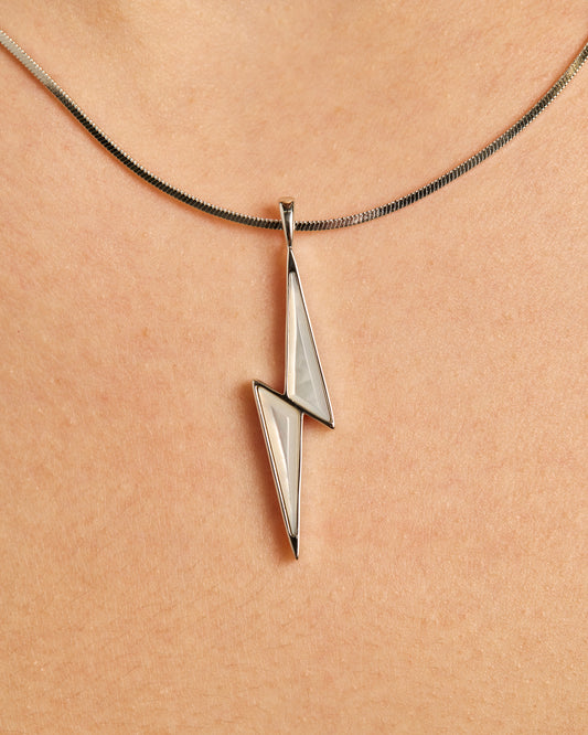 MOTHER OF PEARL LIGHTNING BOLT PENDANT – Rhodium-plated Silver Necklace