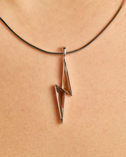 SMOKEY QUARTZ LIGHTNING BOLT PENDANT – Rhodium-Plated Silver Necklace