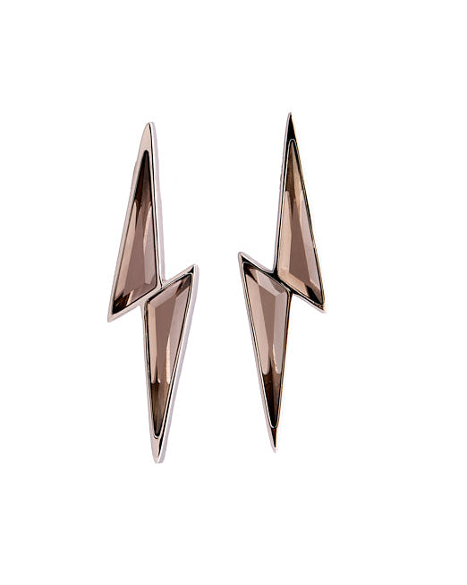 Pair of silver smokey quartz lightning bolt earrings on a white background