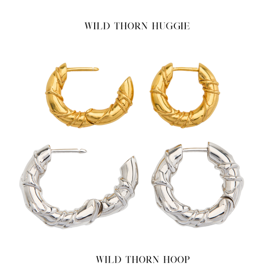Gold and silver hoop earrings on a white background with 'Wild Thorn Huggie' and 'Wild Thorn Hoop' text.