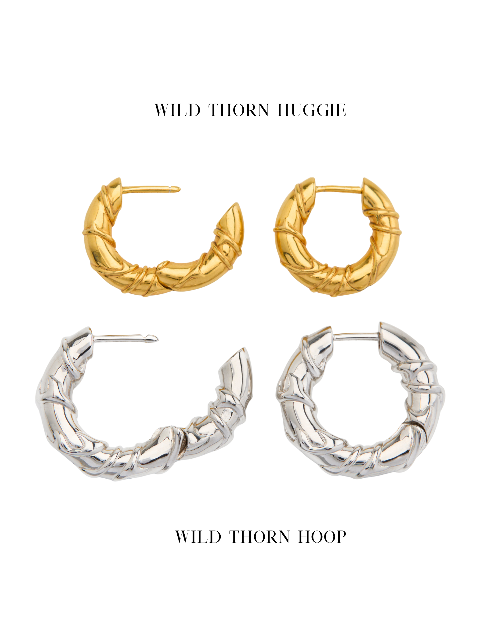 Gold and silver hoop earrings on a white background with 'Wild Thorn Huggie' and 'Wild Thorn Hoop' text.
