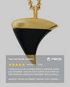 Gold and black pendant necklace on a gray background with a 5-star rating from Judge.me.