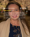 Woman wearing a necklace with blurred background and product details overlay