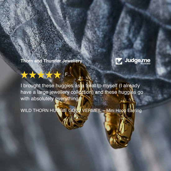 Gold earrings displayed on a textured black background with text overlay.