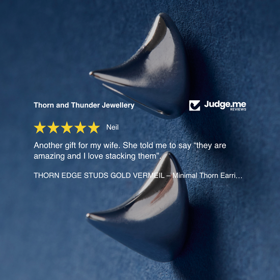 Silver earrings on a blue textured background with positive review text.