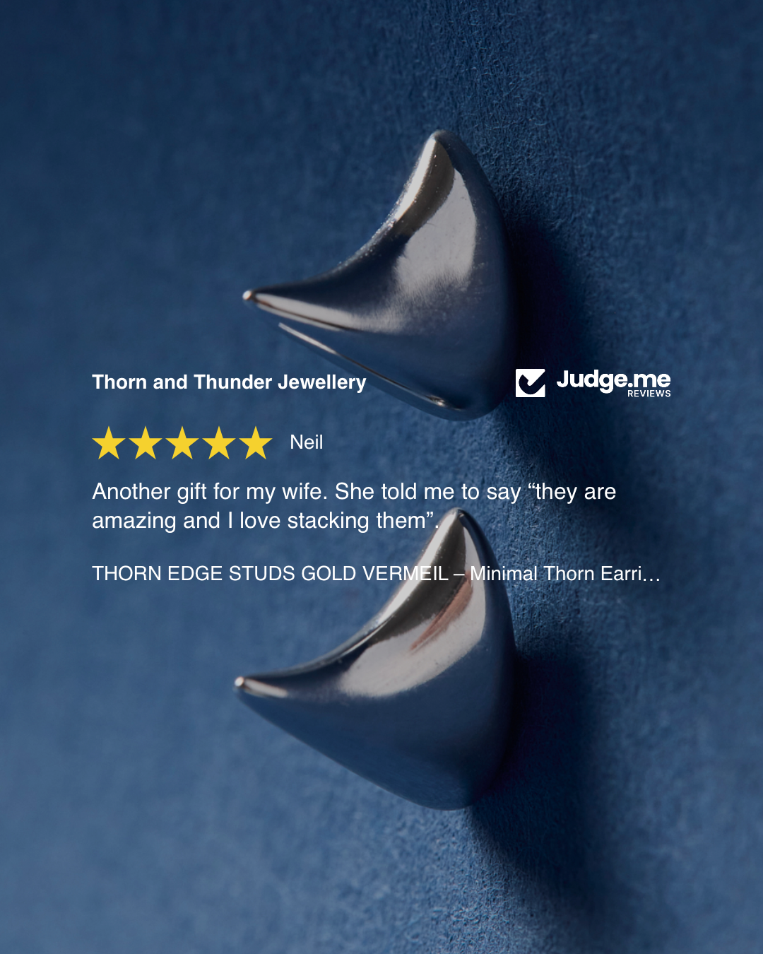 Silver earrings on a blue textured background with positive review text.
